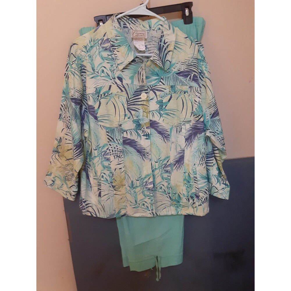 Vintage 90s Company Collection Tropical floral pant set resort wear blue green